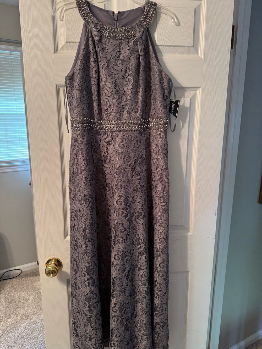 Jessica Howard Beaded Halter Lace Gown in Dusty gray